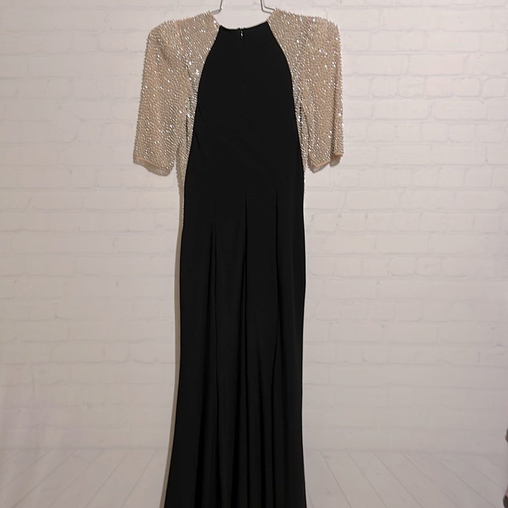 Xscape Stunning Nude Silver Beaded Cutout Crystal Gown Size 8